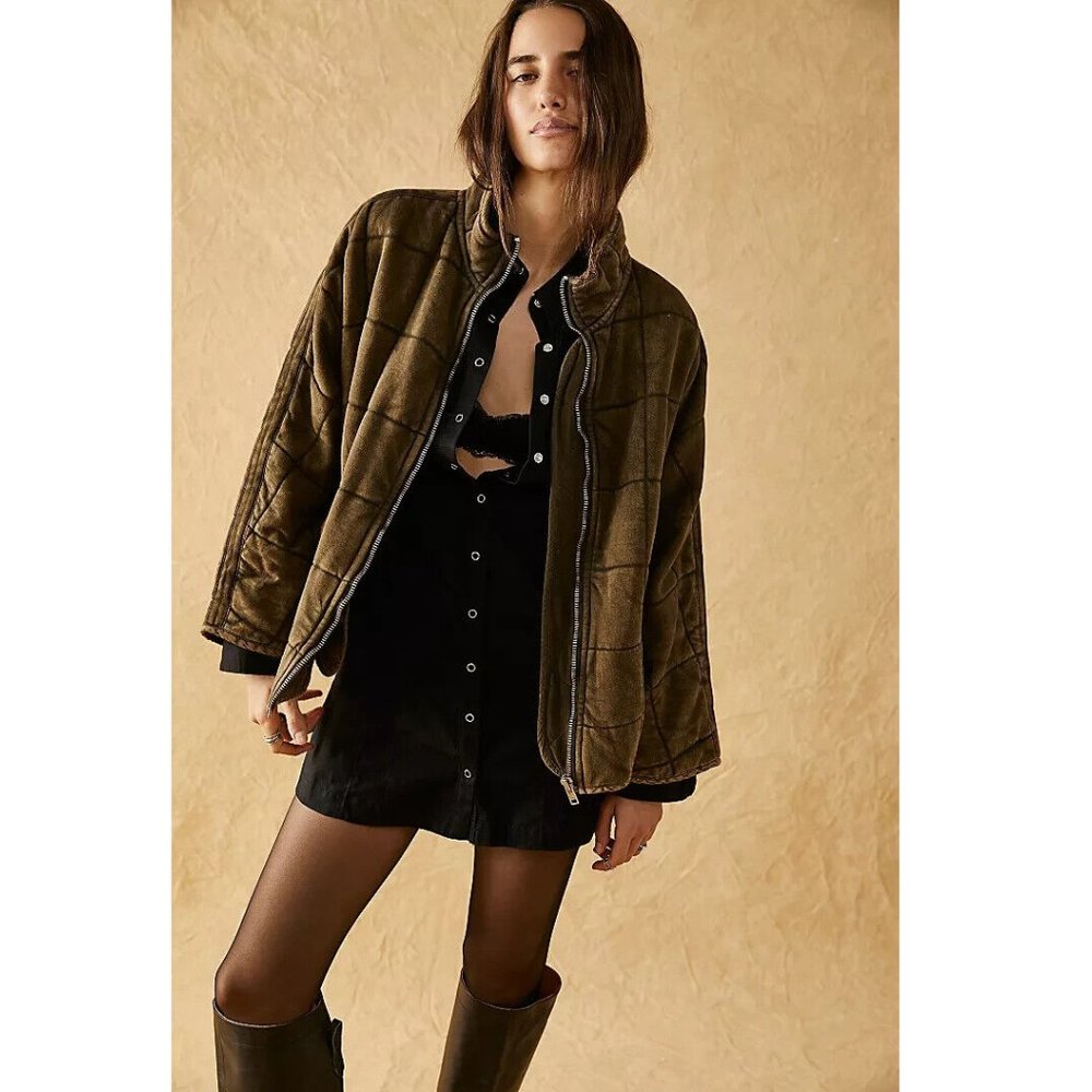 Free People Olive Green Quilted Bomber Jacket